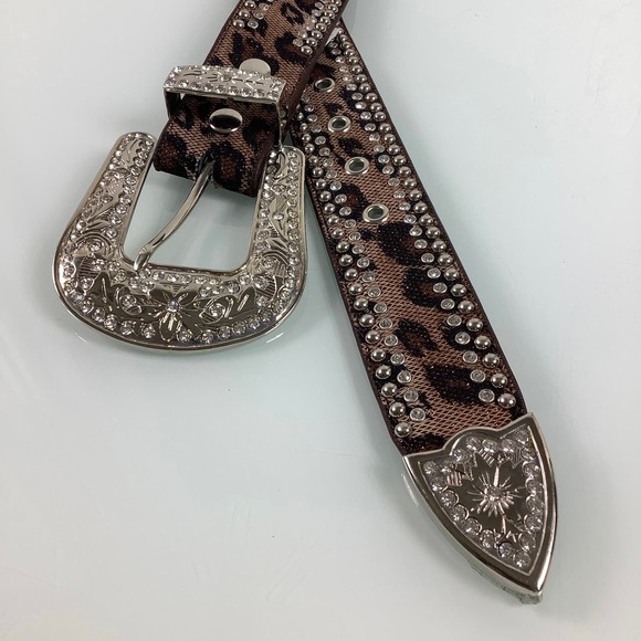 Nocona Western Bling Conchos Rhinestones and Studs Brown Belt SZ L EUC main image 6